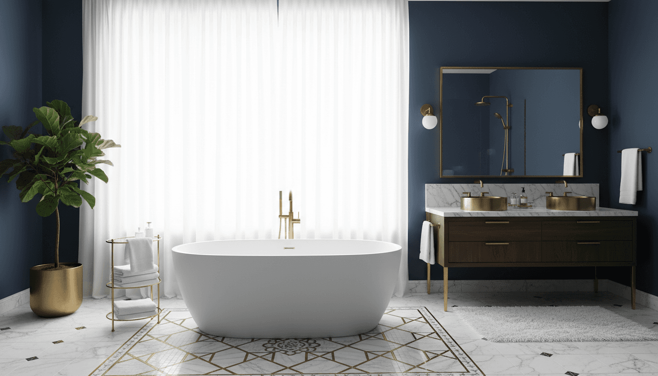 Luxury bathroom with navy walls, white freestanding tub, and gold fixtures