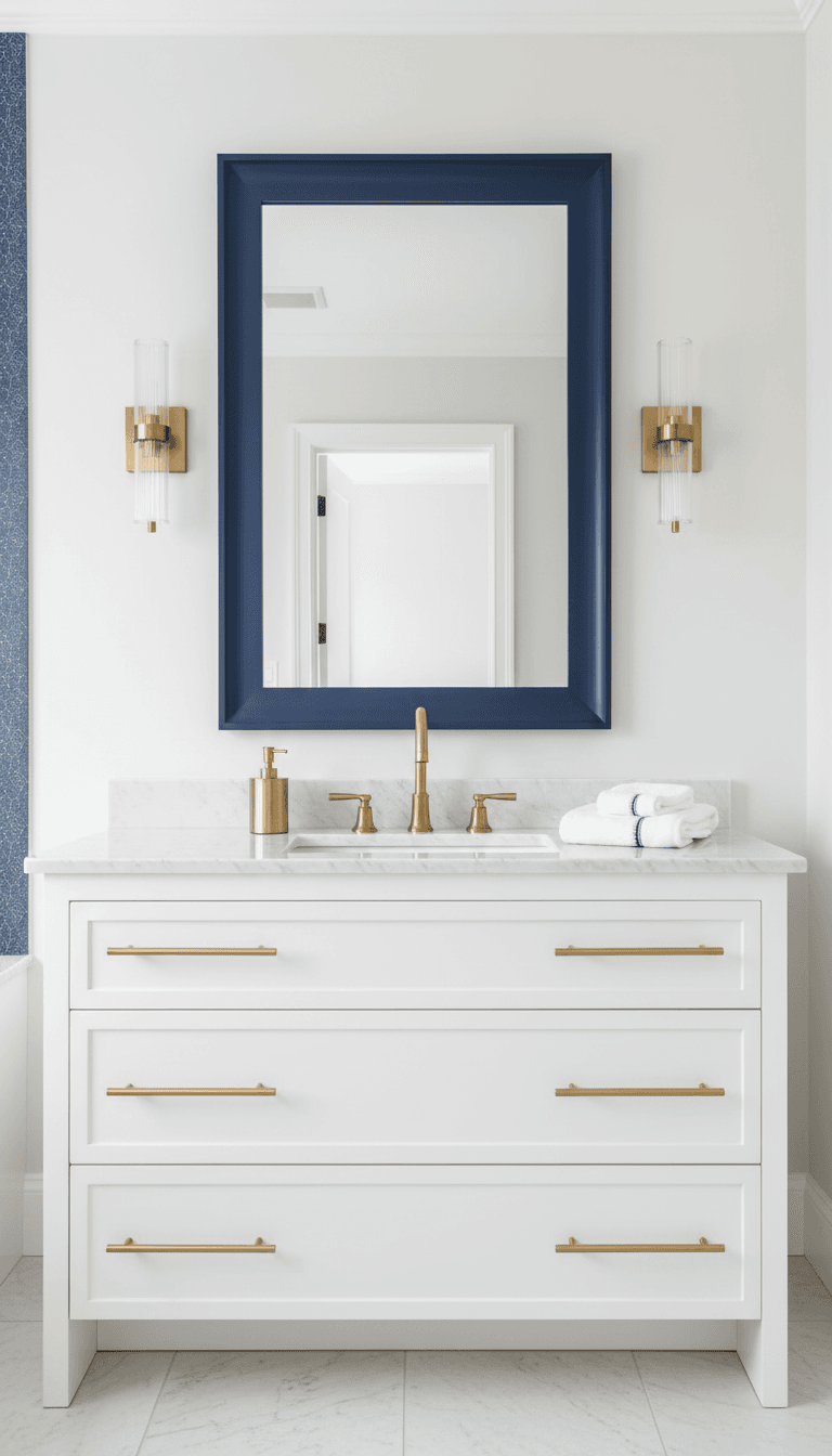 Luxury bathroom vanity with navy mirror and gold fixtures