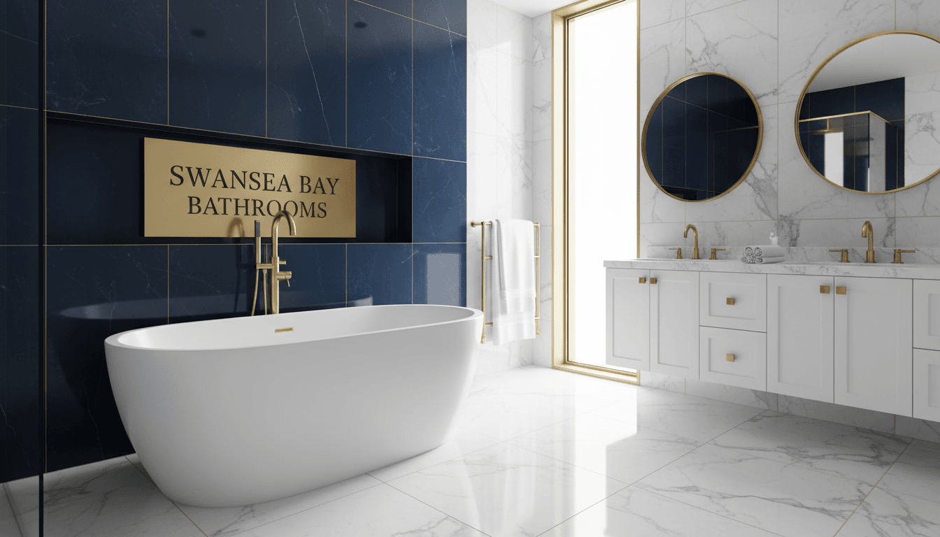 Luxury bathroom with navy, white, and gold theme, featuring a freestanding tub and gold fixtures.