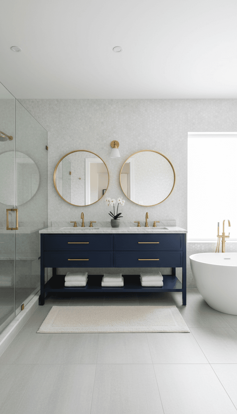 Completed luxury bathroom with navy and gold finishes