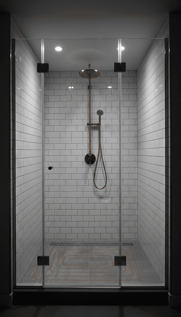 Walk-in shower with frameless glass and gold showerhead