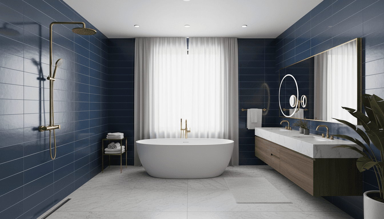 Modern luxury bathroom with navy blue tiles, gold fixtures, and a freestanding white bathtub
