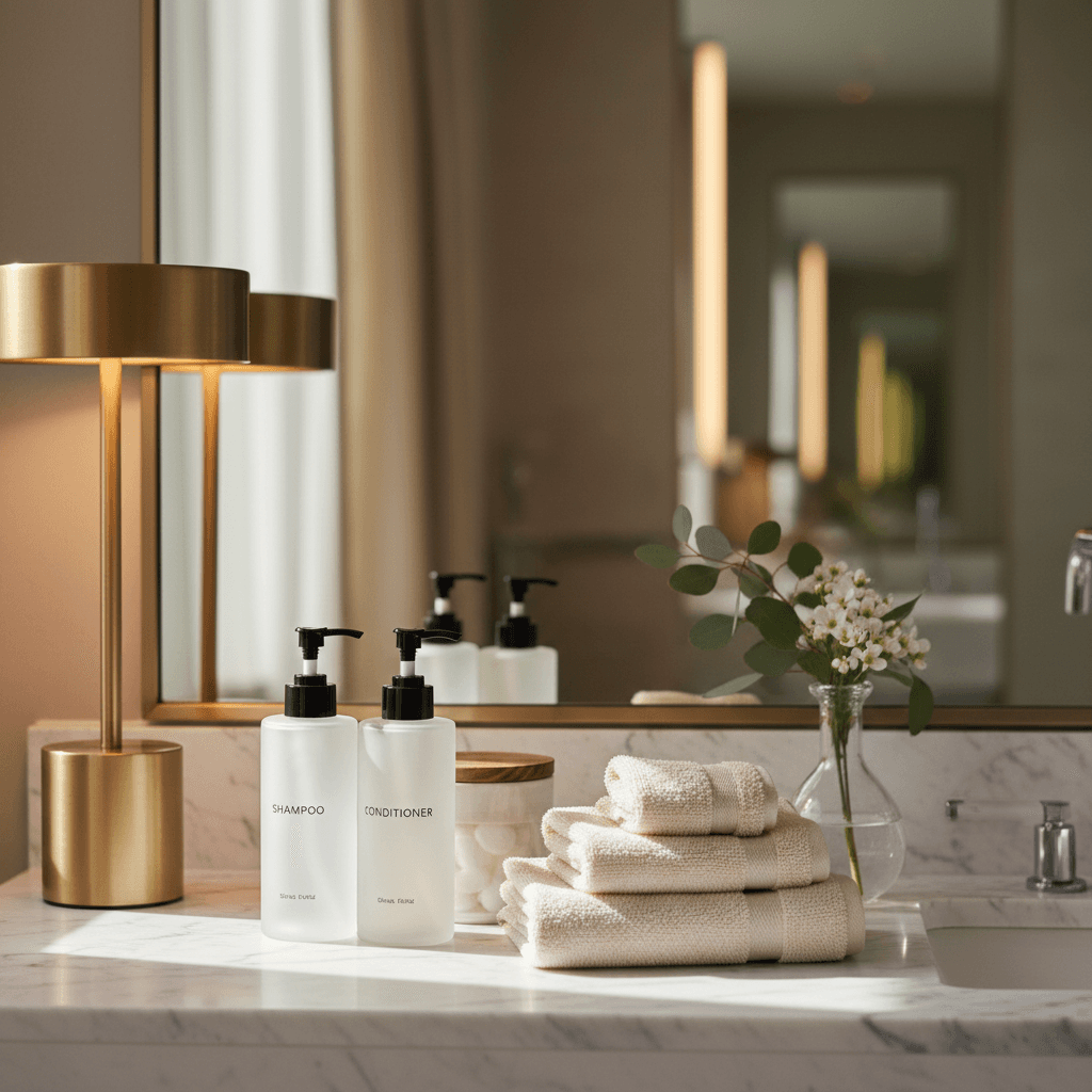 Styled luxury bathroom accessories with gold accents