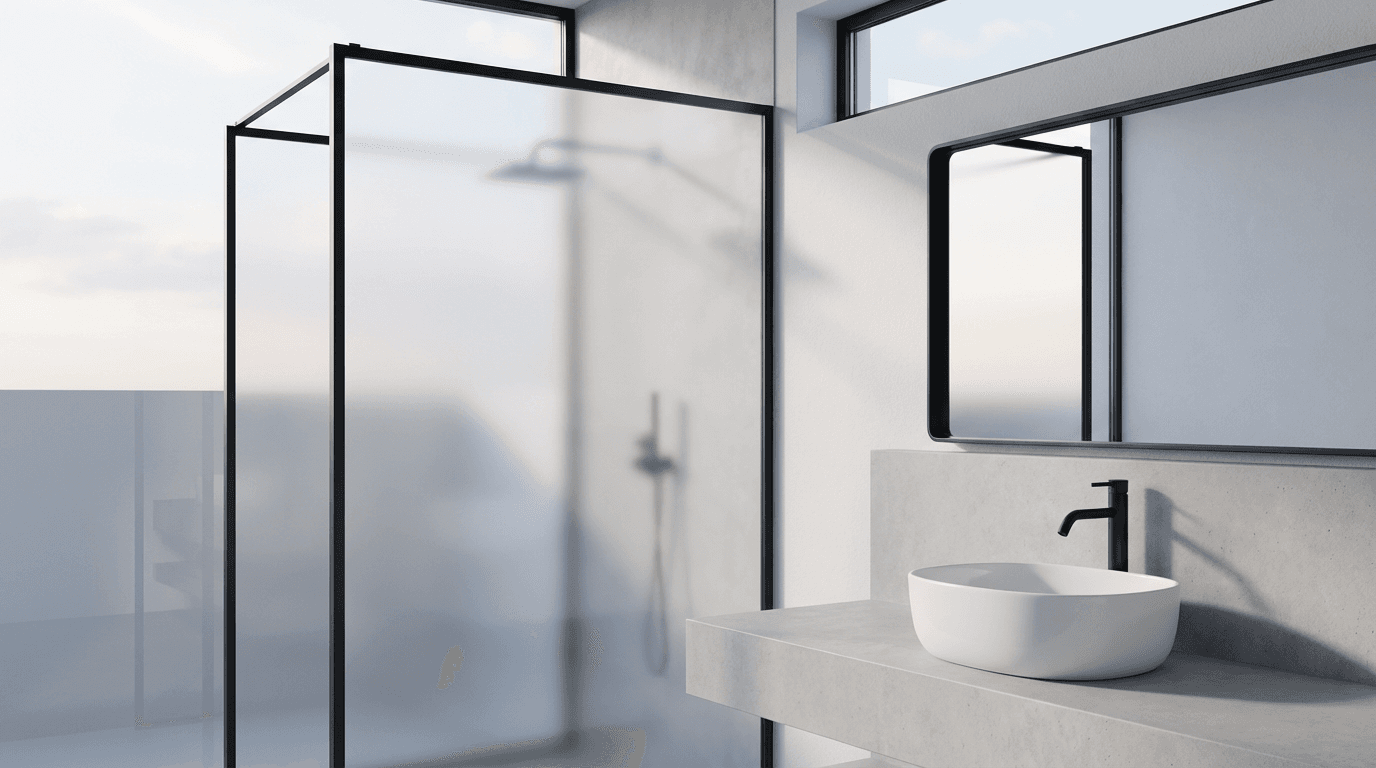 Luxury bathroom with navy panelling, marble countertop, and gold fixtures in soft natural light