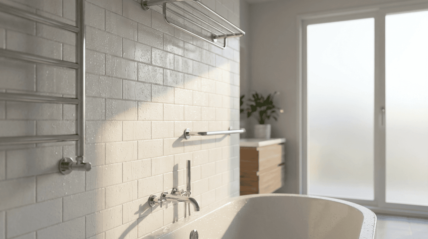 Full bathroom refurbishment with navy paneling and white tiles