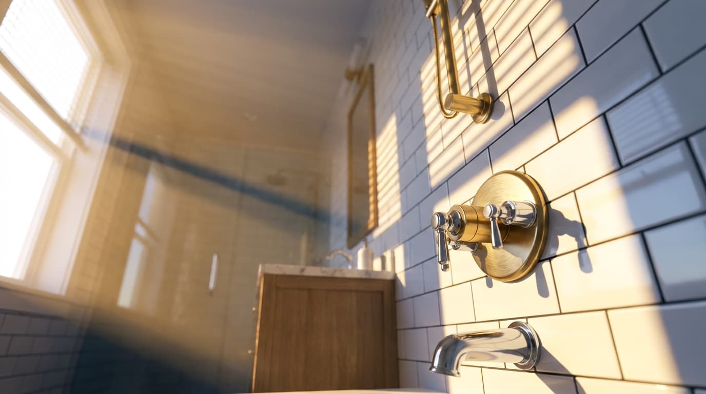 Bathroom installer positioning luxury gold faucet fixture during installation