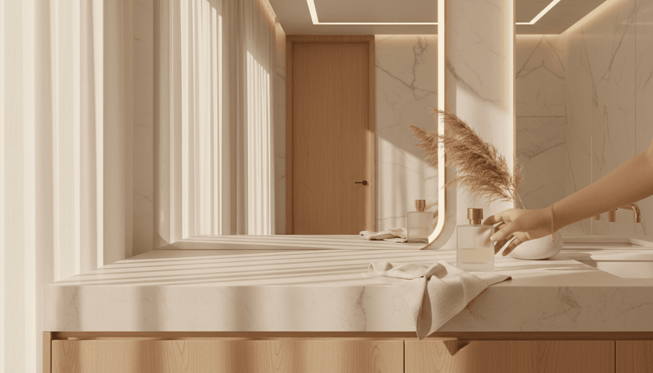 Completed luxury bathroom refurbishment with navy, white, and gold finishes
