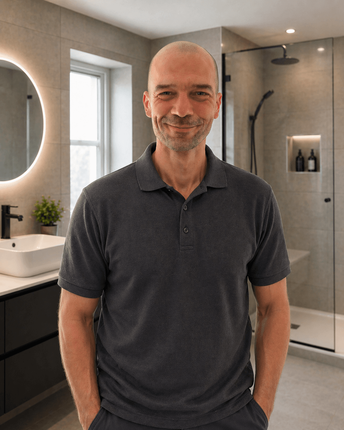 Smiling bald man in a grey polo shirt stands in a sleek, modern bathroom.