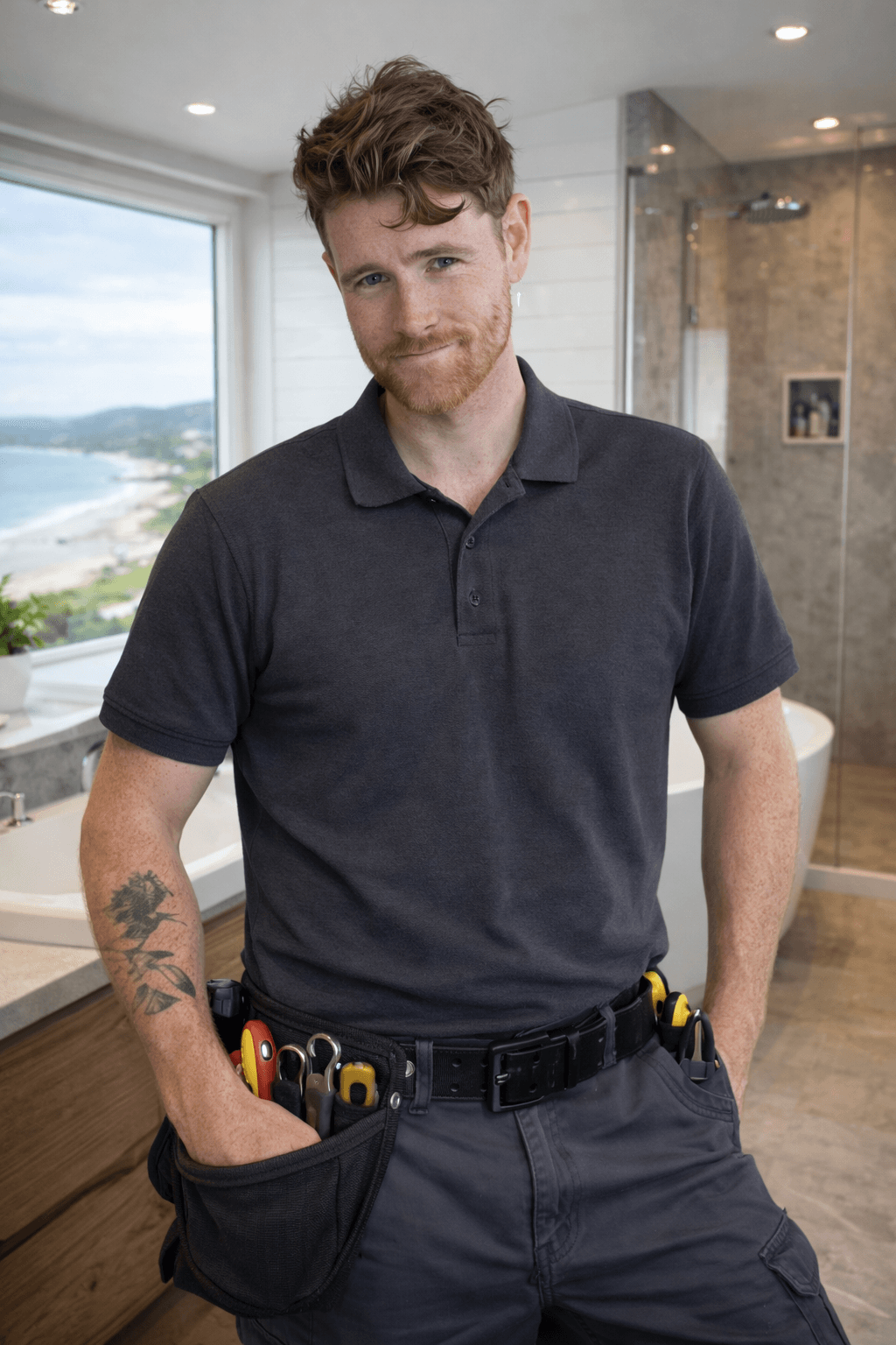 Red-haired man with a tool belt stands in a modern bathroom with coastal views.